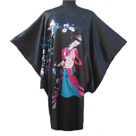 Kimono Robe Court Noir Motif Chinois
