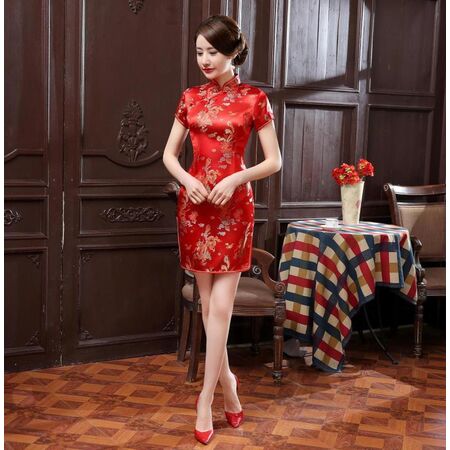 Robe Chinoise Courte Soie Dragon Phenix Rouge Traditionelle